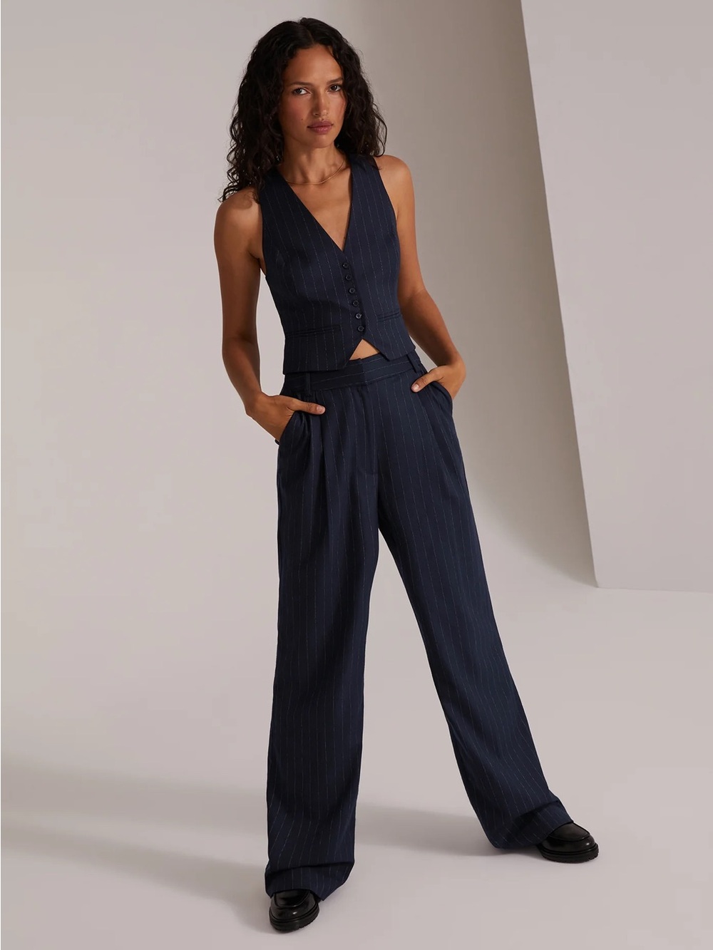 Favorite Daughter Navy Pinstripe Wide-Leg Trousers